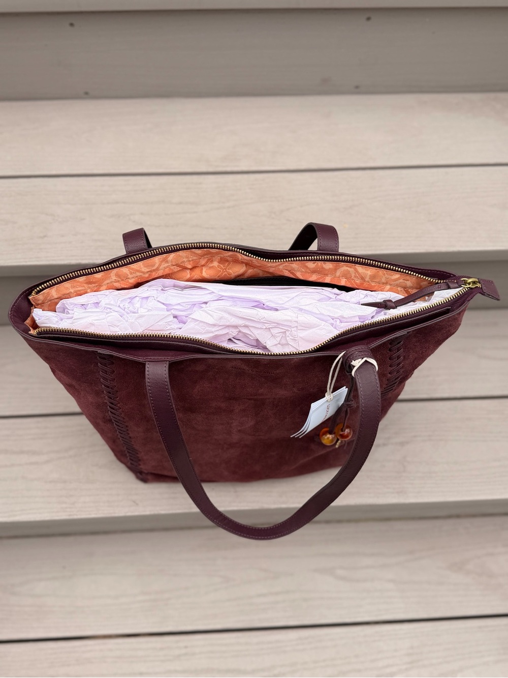 NWT Lucky Brand Burgundy Suede Leather Boho Tote Bag - Picture 2 of 15
